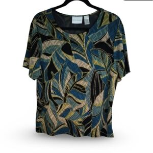 Alfred Dunner Blue Tan Graphic Relaxed Blouse Size L